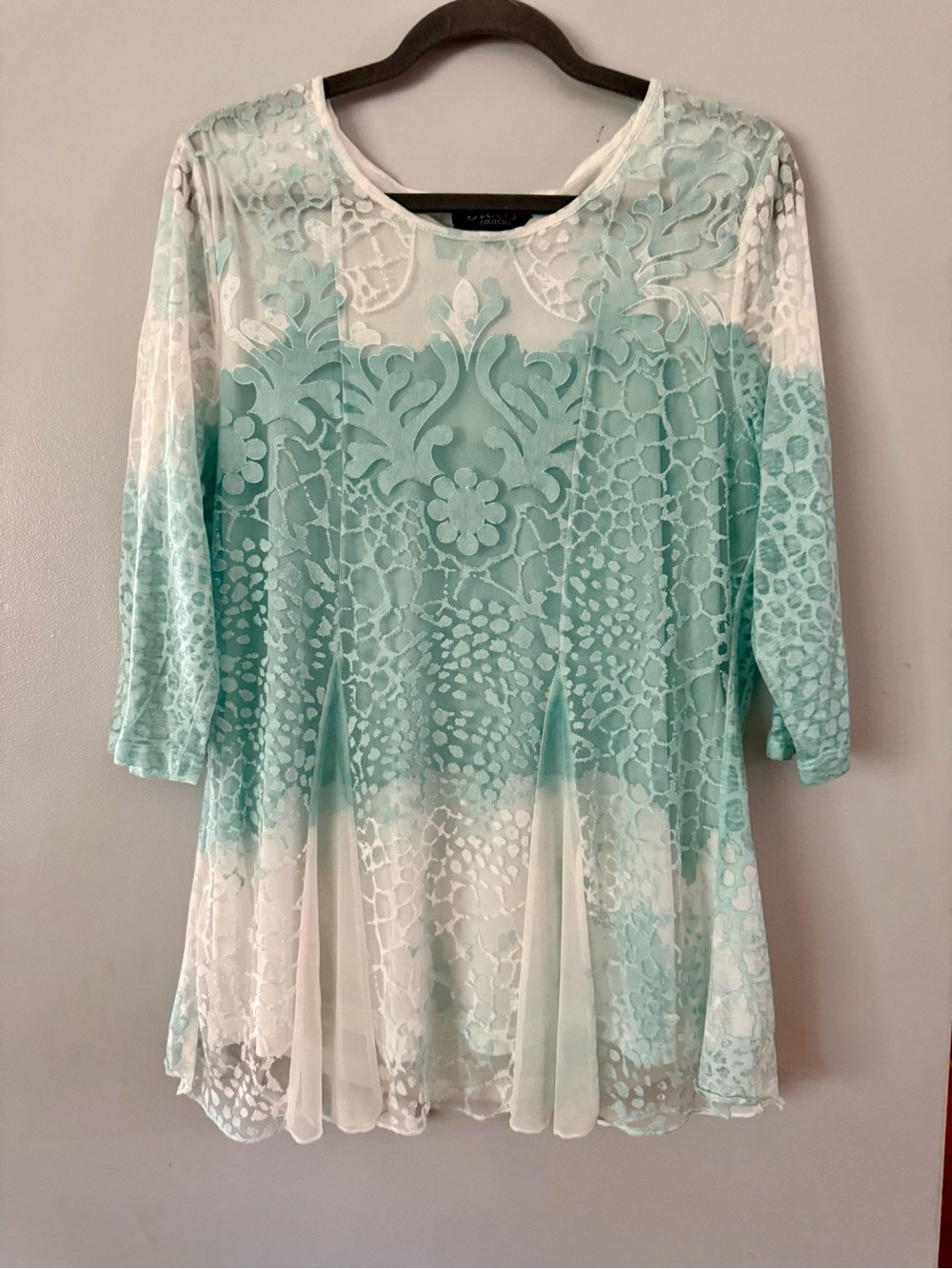 REVES COLLECTION Mint Green/Blue Ombre Lace Mesh Layered Tunic Blouse